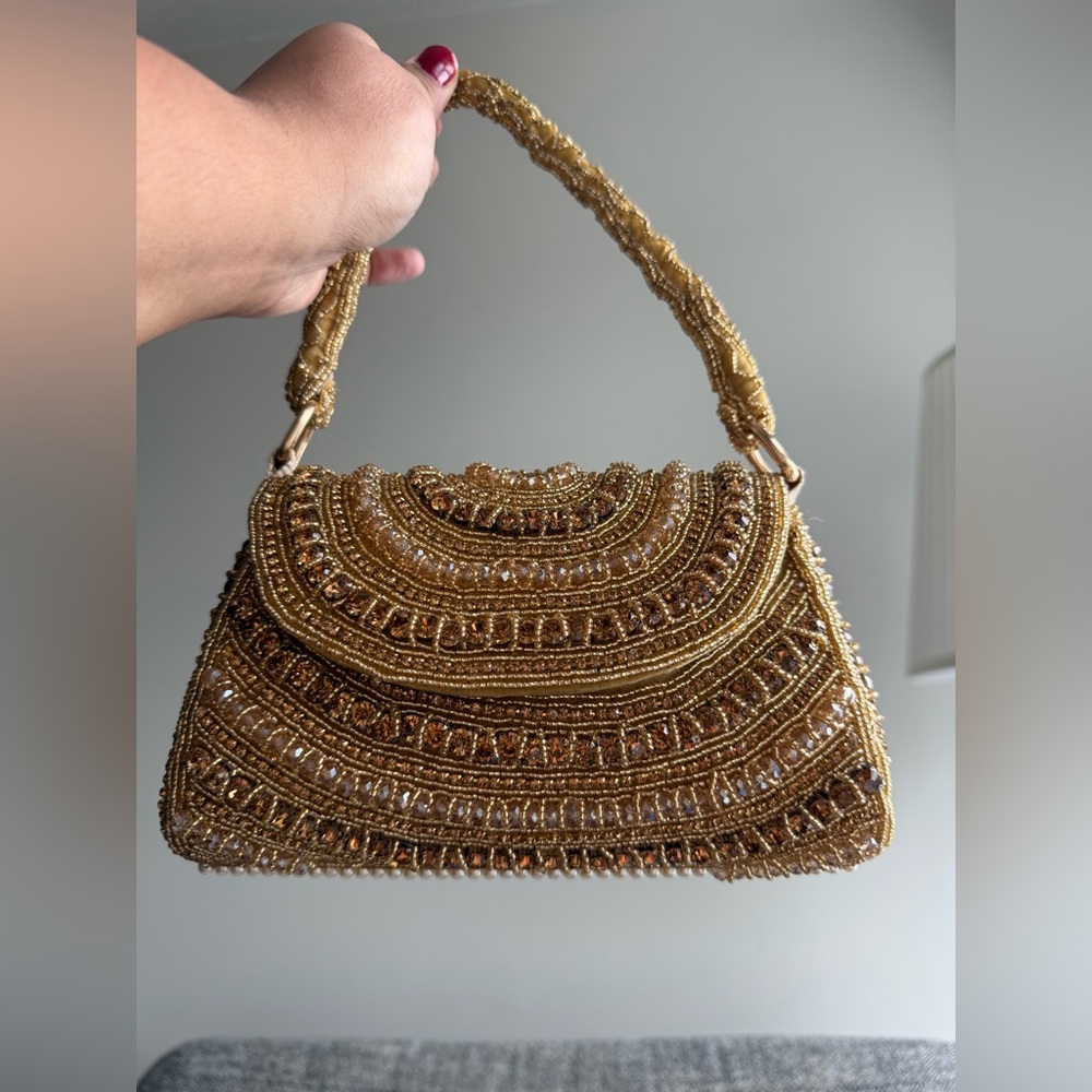 Handmade Golden Pearls and Beaded Party Clutch Bag- Brand New